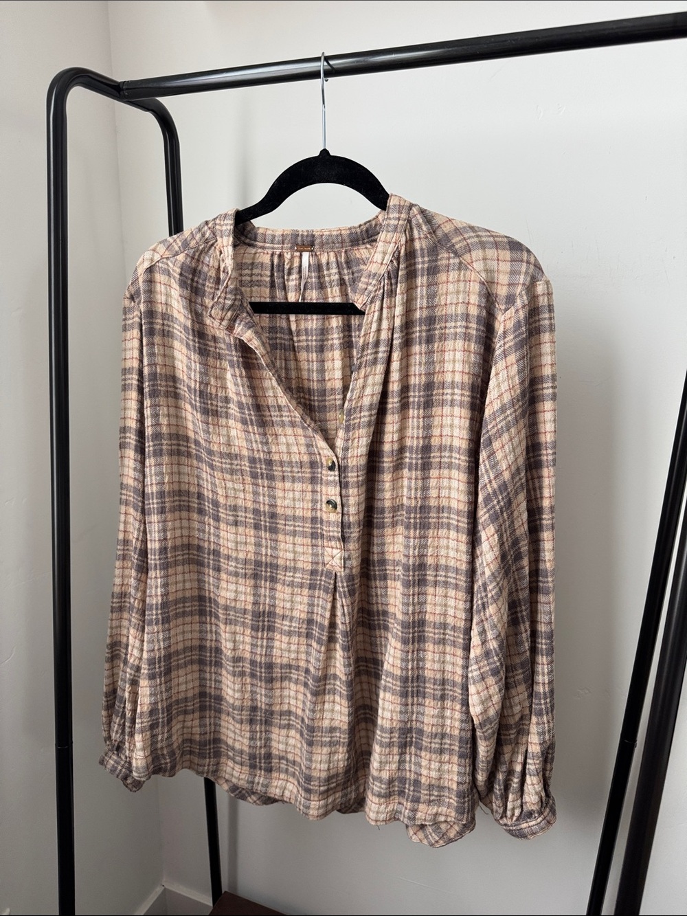 Free People Plaid Button-Down Top in Beige and Brown